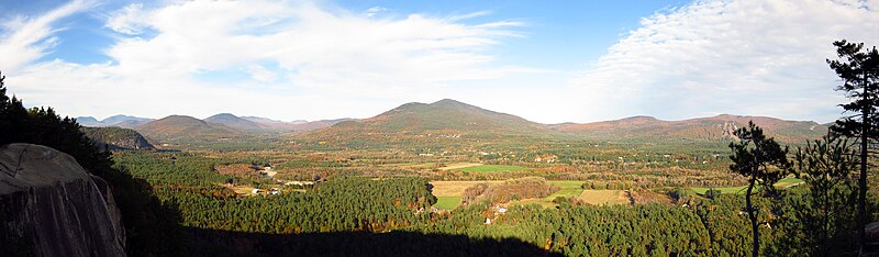 Aerial view of North Conway Valley from Cathedral Ledge showing Route 16 shopping area